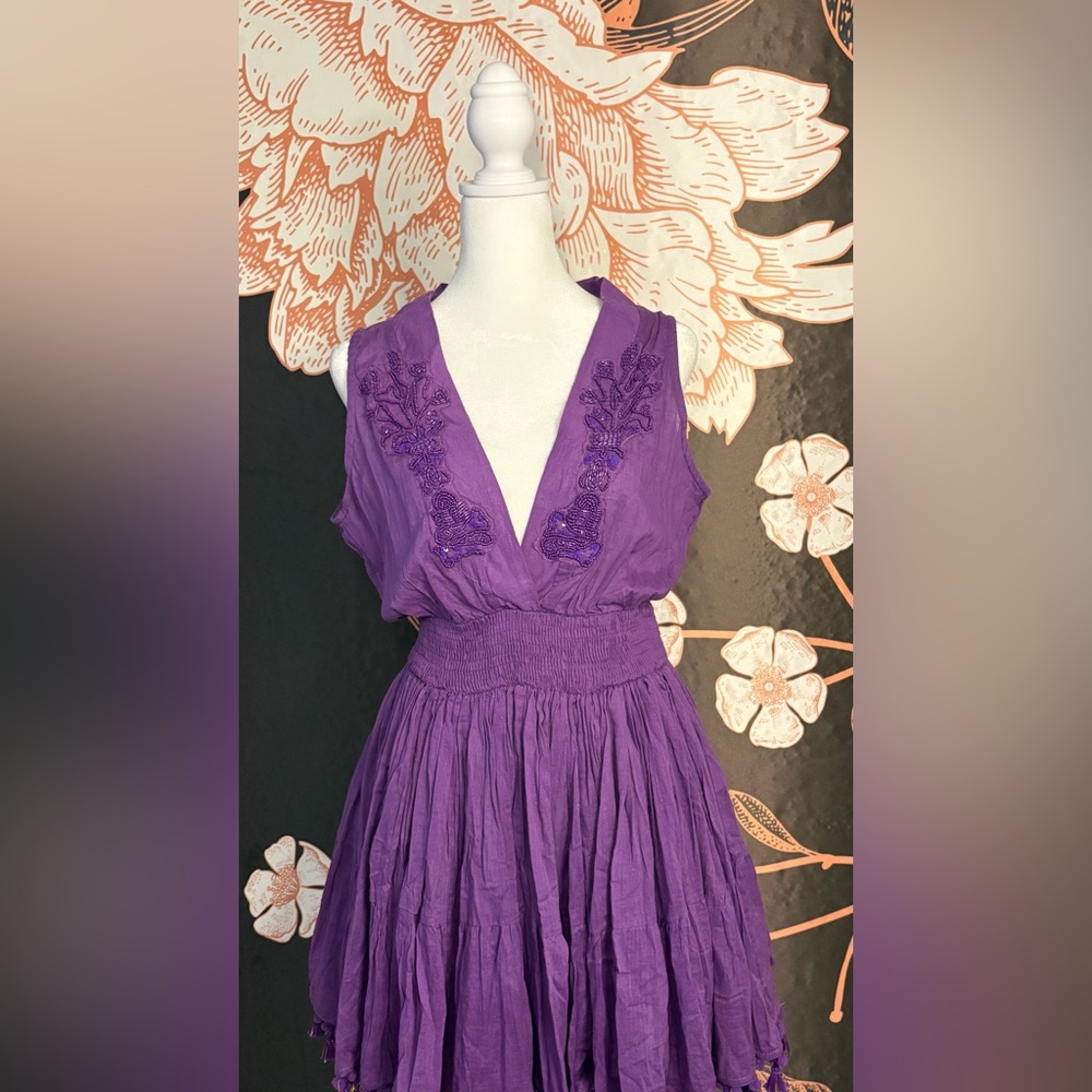 FLIRTY Antica Sartoria Italian Royal Purple Beaded Tassel Mini Dress